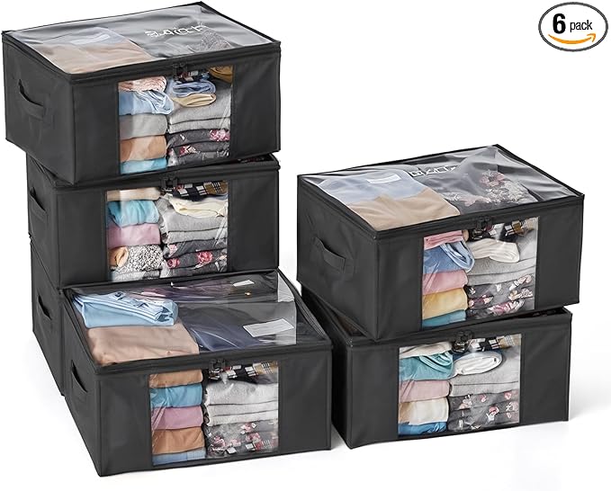 Clothes Storage Bags, Foldable Thick Fabric Blanket Storage Bags, Large Clear Window & Carry Handles, Great for Clothes, Blankets, Closets, Pillows, Toys (Black, 6PACK)