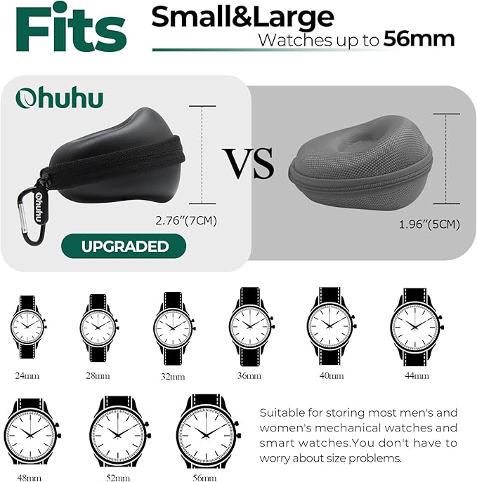 Ohuhu Watch Travel Case, 2Pack Watch Box for Men and Women Portable Single Watch Storage box and Organizer for Wristwatches and Smart Watches Heightened Version up to 56mm for Fathers Day