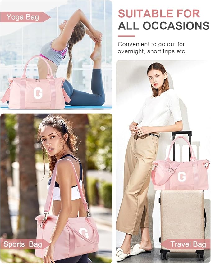 Initial Travel Duffel Bag Sports Gym Bag for Girls Teen Birthday Gifts,Pink Personalized Weekender Bag Carry On Tote Bags for Women Men,Waterproof Overnight Luggage Bag with Trolley Sleeve(Letter G)