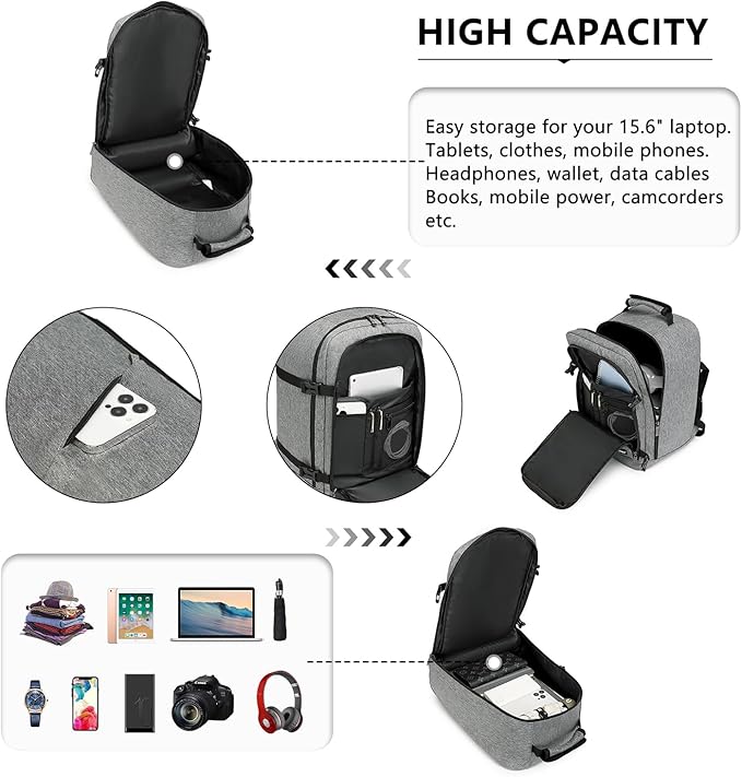 Kono Carry on Backpack, 16" Airplane Approved Under Seat Travel Backpack for Men and Women, Waterproof Lightweight Daypack for Flight 20L (Grey, Small)