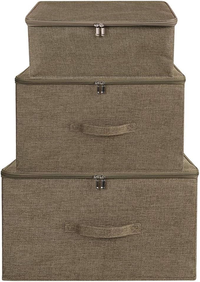 ANMINY 2PCS Storage Bins with Zipper Lids 36 Qt Lidded Fabric Storage Boxes Baskets Cubes with Handles Collapsible Washable Cotton Linen Closet Shelf Clothes Organizer Containers - Coffee, Large