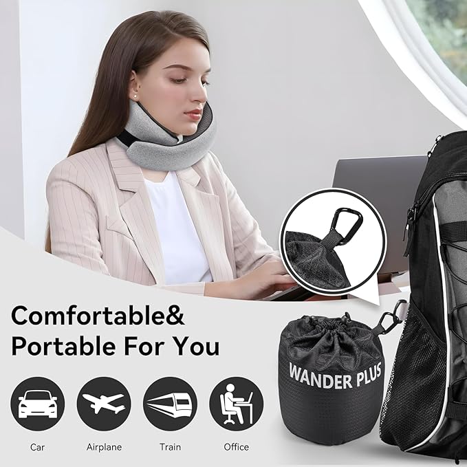 WANDER PLUS® Genuine Travel Pillow, 100% Pure Memory Foam Neck Pillow for Airplanes, Comfortable Breathable Cover, 360° Support Stowable Pillows for Sleeping, Car, Airport Travel Essentials Sky Blue