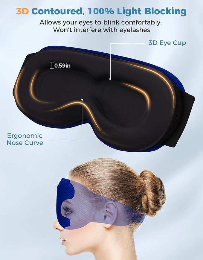3D Contoured Sleep Mask with Bluetooth Headphones, Eye Masks for Sleep, Sleeping Mask with Ultra-Thin Stereo Speakers for Men, Women, Gifts - Blue