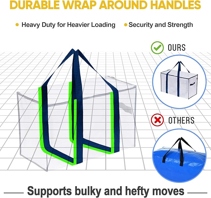 VENO 2 Pack Moving Bags, Heavy Duty, Moving Boxes Alternative, Packing Storage Supplies for Dorm Room Essentials with Zipper for Clothes, Extra Large Totes for Packaging (Clear, 2 Pack)