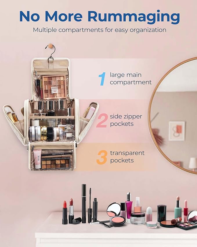 BAGSMART Toiletry Bag Travel Makeup Bag with Hanging Hook, Cosmetic Bag Make Organizer Case, Large Capacity Water-resistant Organizer for Toiletries Accessories Brushes Sponge, Beige