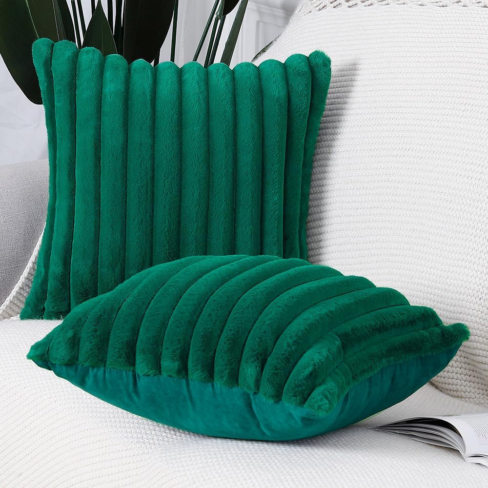 MADIZZ Set of 2 Faux Wool Plush Decorative Throw Pillow Covers 18x18 Inch Green Fluffy Striped Soft Decorative Cushion Cover for Sofa Bedroom Pillow Shell