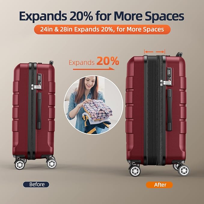 SHOWKOO Luggage Sets Expandable PC+ABS Durable Suitcase Double Wheels TSA Lock 5pcs Wine Red