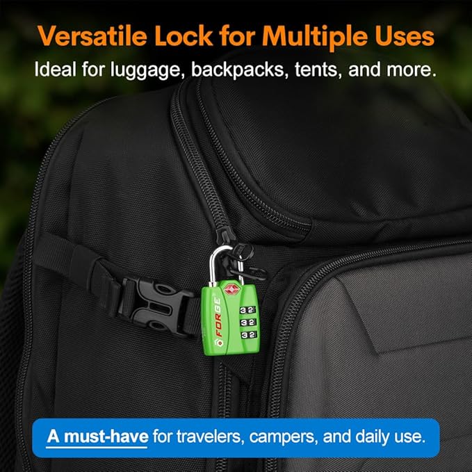 Forge TSA Luggage Combination Lock - Open Alert Indicator, Easy Read Dials, Alloy Body- Ideal for Travel, Lockers, Bags (Green 2Pk)