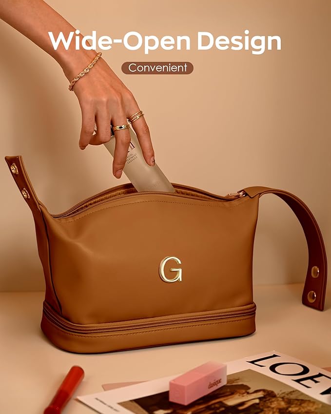 Unique Birthday Gifts for Women, Personalized Makeup Bag with Handle, Initial Double Layer Cosmetic Bag with Makeup Brush Organizer, Cute Cosmetic Pouch for Women, Tween Gift Ideas