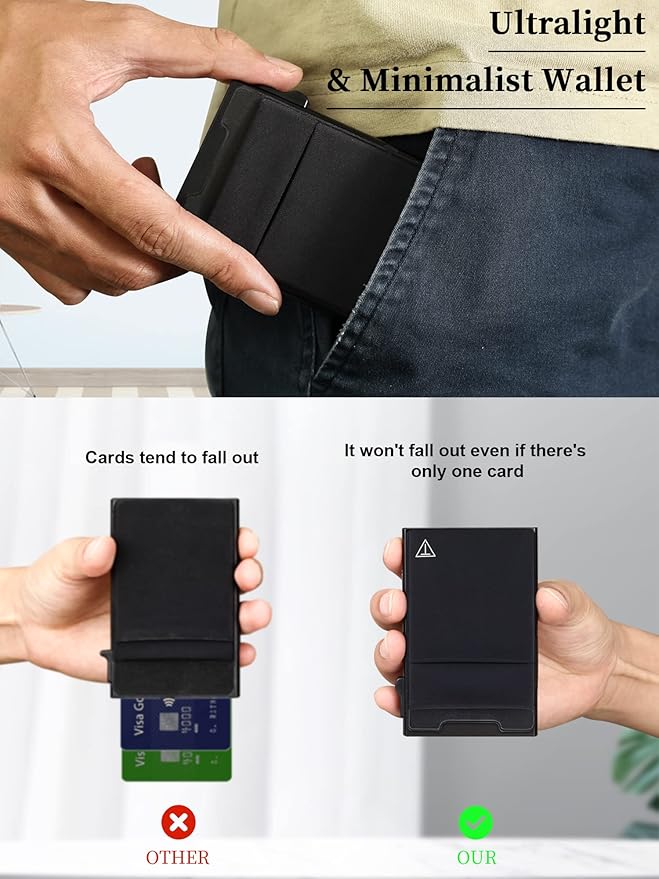 Slim RFID Blocking Wallets,Pop Up Minimalist Card Holder for Men & Women Metal Thin Front Pocket Wallet Credit Card Holder with Elastic Coin Pocket,6-12 Card Capacity,Black