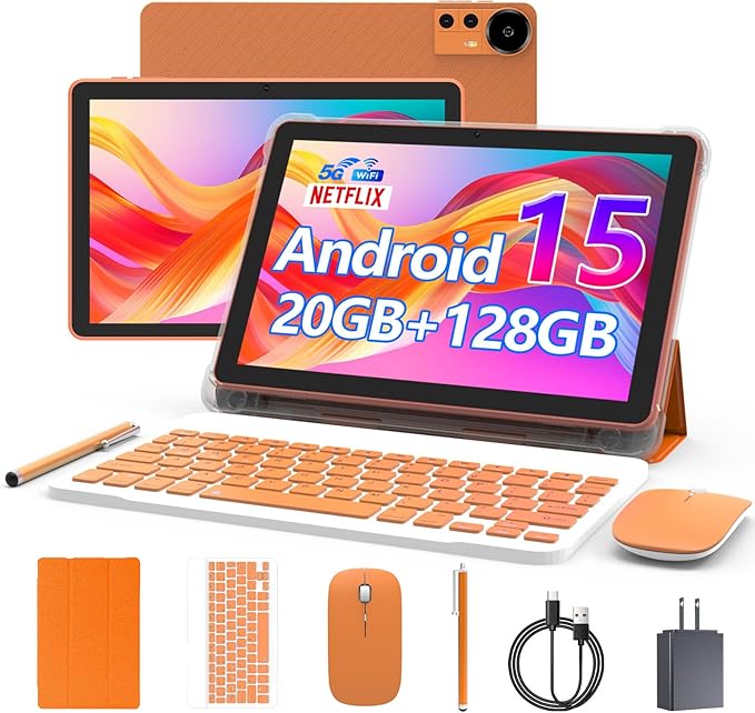 Android 15 Tablet 10 Inch, 2 in 1 Tablets with Keyboard/Mouse/Case/Stylus, 20GB RAM+128GB ROM/ 2TB Expand, 2.0Ghz Quad-core Processor, 1280 * 800 HD Touch Screen, 8MP Camera, 6000mAh Battery, 5G WiFi
