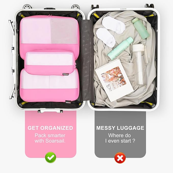 6 Set Compression Packing Cubes for Travel Essentials, Luggage Organizers for Suitcases (Light Pink)
