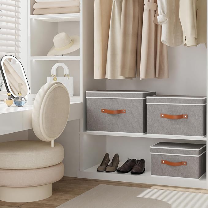 Collapsible Storage Bins with Lids, 3 Pack Linen Foldable Cloth Baskets, 15 x 9.8 x 9.8 Inch Closet Organizer Containers with Double Handles, Sweater Boxes for Bedroom, Grey