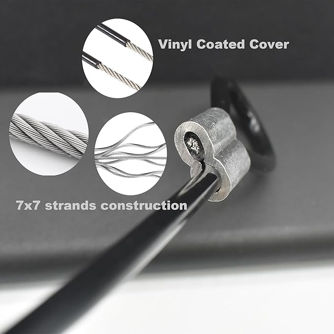 5 Pcs 5mm Wire 24 inch Vinyl Coated Stainless Steel Cable with Loops Short Wire Rope Lanyard Lock Security Chain Link for Outdoor Gates, Black(5mm x24inch)