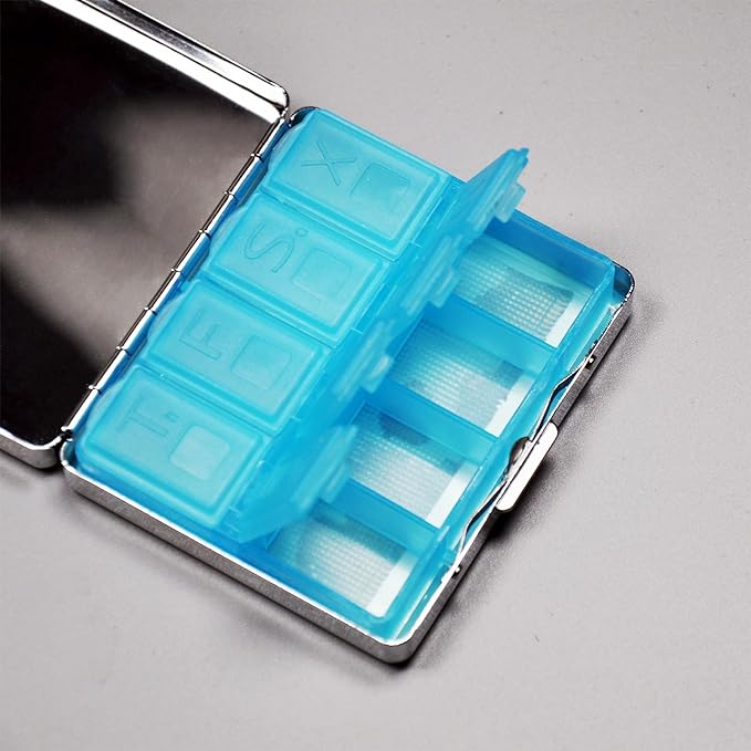Silver Vintage Pill Box 7 Day Metal Pill Box with Mirror and 8 Compartments Cute Travel Pill Organizer for Purse (Rainbow Flowers)