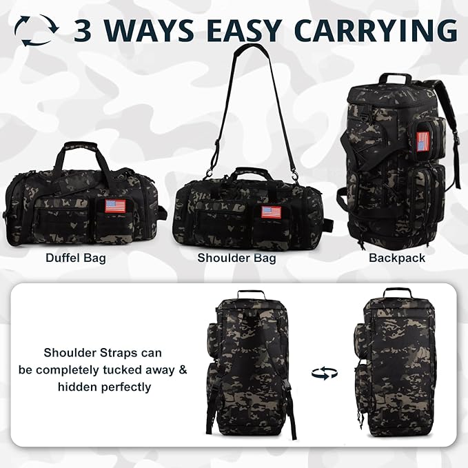 Tactical Gym Bag for Men，70L Large 3 in 1 Sports Duffle Bag with Shoes Compartment for Travel,Water Resistant Travel Backpack Weekender Overnight Bag with Wet Pocket for Women