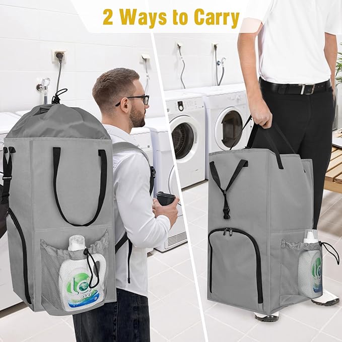Laundry Bag Backpack Extra Large, 110L Laundry Backpack Heavy Duty with Shoulder Straps, Collapsible and Mesh Pocket Dorm Laundry Basket Hamper Bag for College, Travel, Laundromat, Apartment Grey
