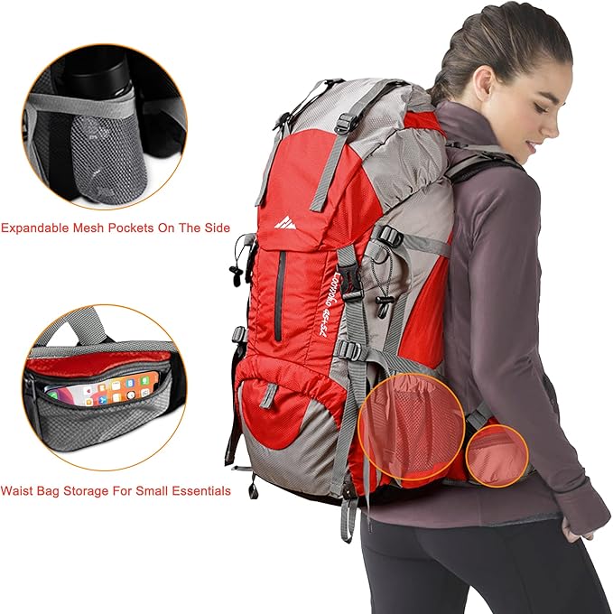 Loowoko 50L Hiking Backpack, Waterproof Camping Essentials Bag with Rain Cover, 45+5 Liter Lightweight Backpacking Back Pack
