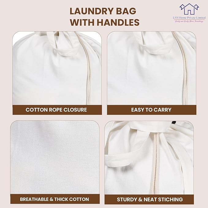 LFH Home Cotton Canvas Large Laundry Bag with Handle, Heavy Duty Drawstring Closure Washable Laundry Bags, School Travel, Home, Hotel, College Dorm, Organizer Sack, Toy Clothes 28x40 (Pack of 6)-White