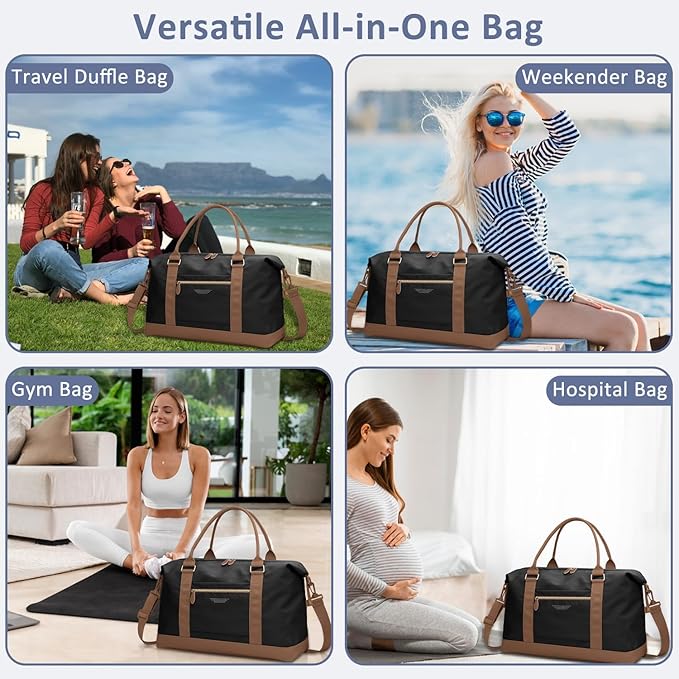Travel Duffle Bag for Women, Weekender Bags, Hospital Bag for Labor Delivery, Lightweight Tote Duffel Overnight Bag with Luggage Sleeve, Airplane Travel Bags with Toiletry Bag,X-Large,Black