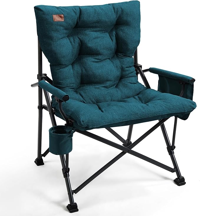 EVER ADVANCED Padded Oversized Folding Camping Chair for Adults, Heavy Duty Lawn Chair with Side Pockets, Portable Collapsible Quad Chair for Outside, Support Up to 500lbs, Green
