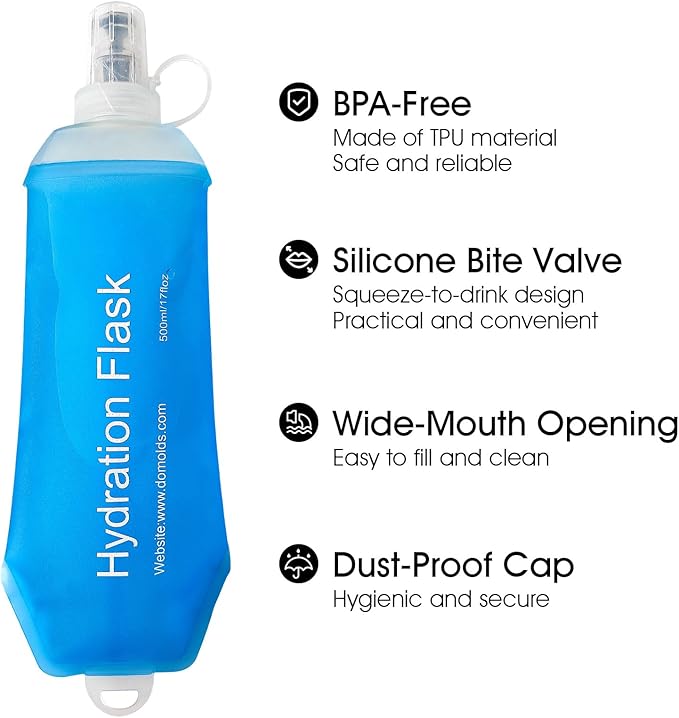 GYGYL Soft Flask, TPU Collapsible Soft Water Bottle for Hydration Pack, Running Vest, Leak-Proof Folding Water Bottle for Hiking Cycling Climbing Jogging-500ml Blue, 2pcs