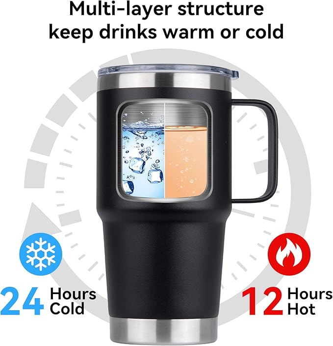 HASLE OUTFITTERS 20oz Tumbler with Lid, Stainless Steel Tumbler with Handle, Metal Insulated Travel Coffee Mug with Handle, Double Wall Vacuum Spill Proof Tumbler Cup, Black 1 Pack