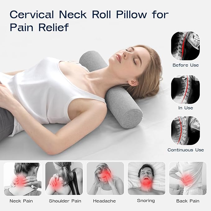 Neck Roll Pillow, Memory Foam Neck Support Pillows, Round Neck Pillows, Cylinder Bolster Pillows for Bed, Couch, and Yoga, Removable Washable Cover,18 * 4 * 4 inch (Grey)