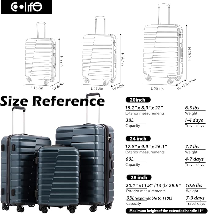 Coolife Luggage Sets, 3 Piece Hardshell Luggage Set with Spinner Wheels Expandable Suitcase Set PC+ABS TSA Lock, Sliver