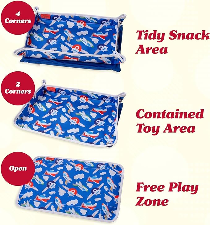 Lusso Gear Kids Airplane Tray Cover with Pockets - Airplane Essentials for Toddlers - Kids Travel Tray for Plane or Train - Organize Toys, Snacks - Tablet Holder - Flying Must Have (Airplanes Pattern)