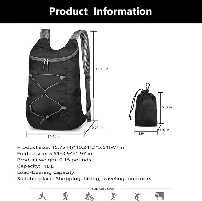 16L Hiking Daypack Lightweight Foldable Travel Backpack Water Repellent Camping Outdoor Packable Easy Carry-on Bag (Black&Gray)