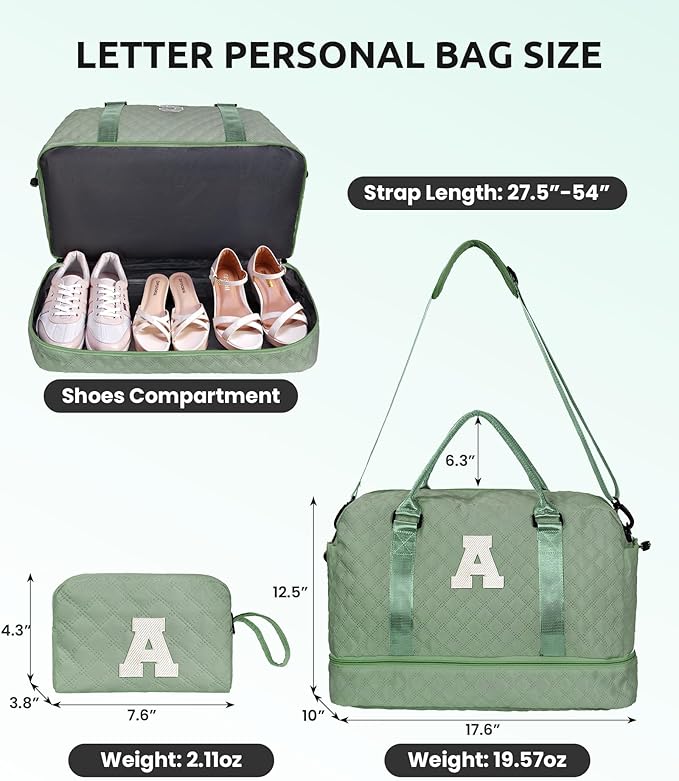Bridal Shower Gifts, Gifts for Women-Initial Travel Bag with Shoe Compartment, Personalized Weekender Bag, Monogram Overnight Bag for Women, Letter Travel Bag with Makeup Bag (Letter A)