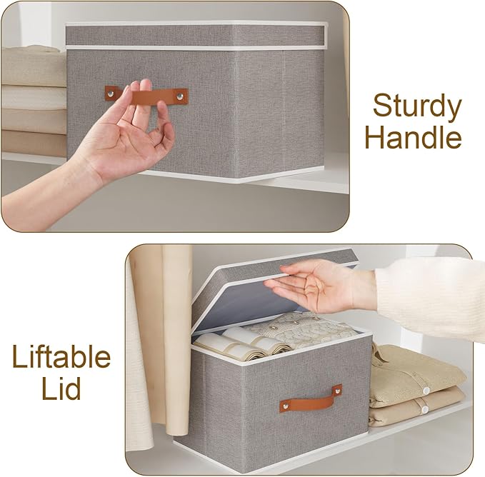 Fabric Storage Bins with Lids, Linen Foldable Clothes Boxes, Closet Organizer Containers with Double Handles, Baskets for Bedroom, Grey, 1 Pack, 13 x 9.1 x 7.9 Inch