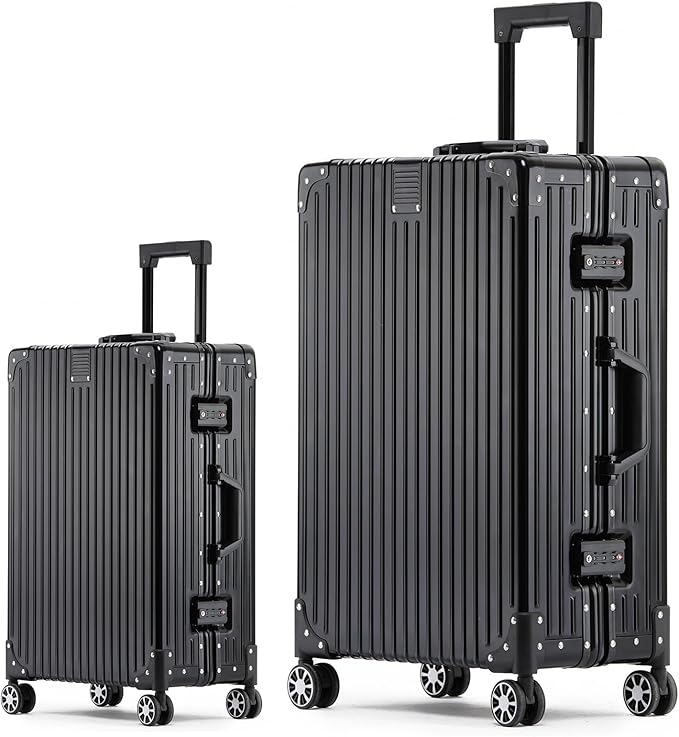 Metal All Aluminum Carry-on Luggage TSA Customs Lock Zipperless Silent Rotary Wheel Business Suitcase Aluminum Frame Set (black, 2Piece(20/28))