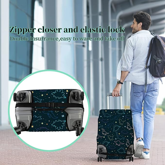 Luggage Cover Suitcase Protector Plus 1 Luggage Tag, Dinosaurs Space Travel Suitcase Cover Suitable for 29-30 inch Luggage (XL) with Concealed Zipper Washable Elastic Cloth Dustproof Anti-Scratch