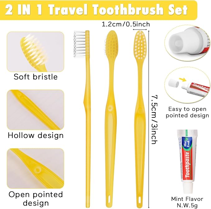 HOFASON Disposable Toothbrushes Pack of 50, Yellow Hollow Travel Toothbrush Set with Individually Wrapped Toothpaste for Homeless, Nursing Home, Shelter, Hotel