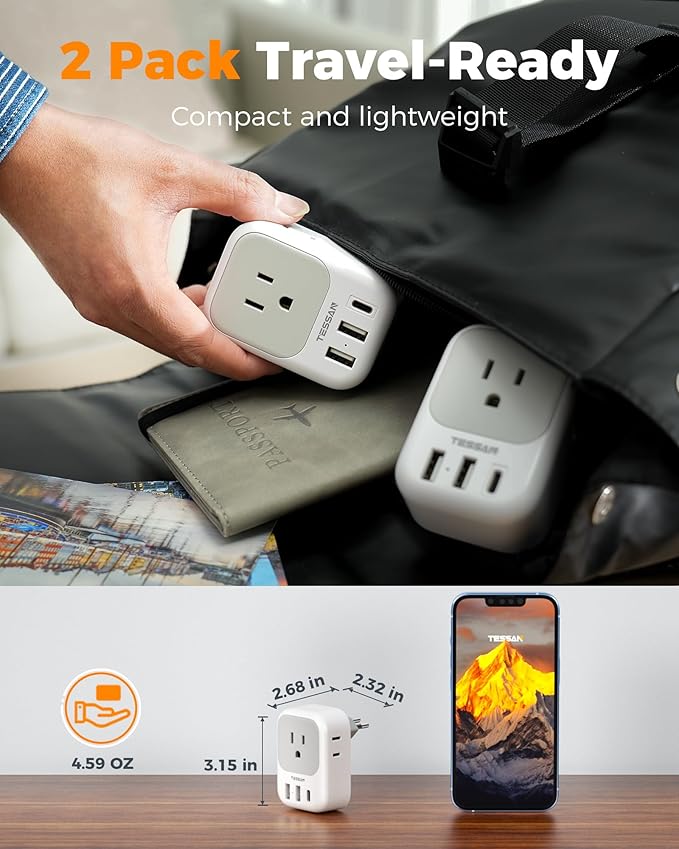 TESSAN Brazil Plug Adapter 2 Pack, 7 in 1 US to Brazil Power Adapter with 3 USB Ports (1 USB-C Port) 4 American Outlets, Type N Travel Adaptor for USA to Brazilian