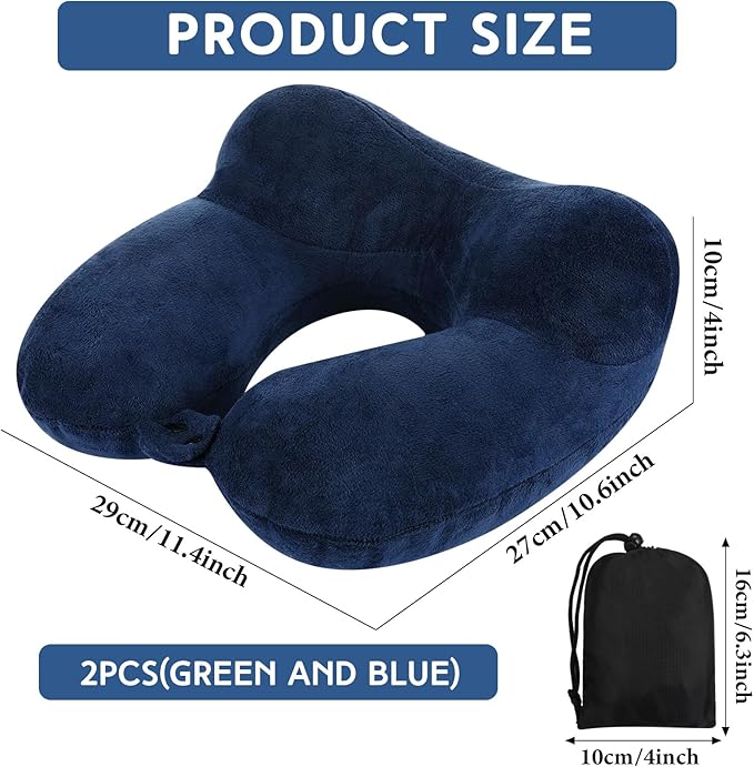 Sintuff 2 Pack Inflatable Travel Pillow for Airplanes Inflatable Neck Flight Pillows with Compact Bag and Blindfold for Traveling, Airplane, Train, Car, Office(Peacock Green and Blue)