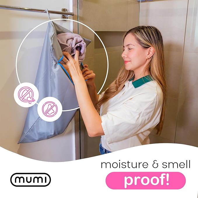 MUMI Travel Laundry Bag – Moisture & Smell-Proof Wash Bag with Folding Hanger & Outer Pouch | Large Washable Bags for Suitcase, Gym & Packing | Clothes Organizer for Trips & Storage - Black