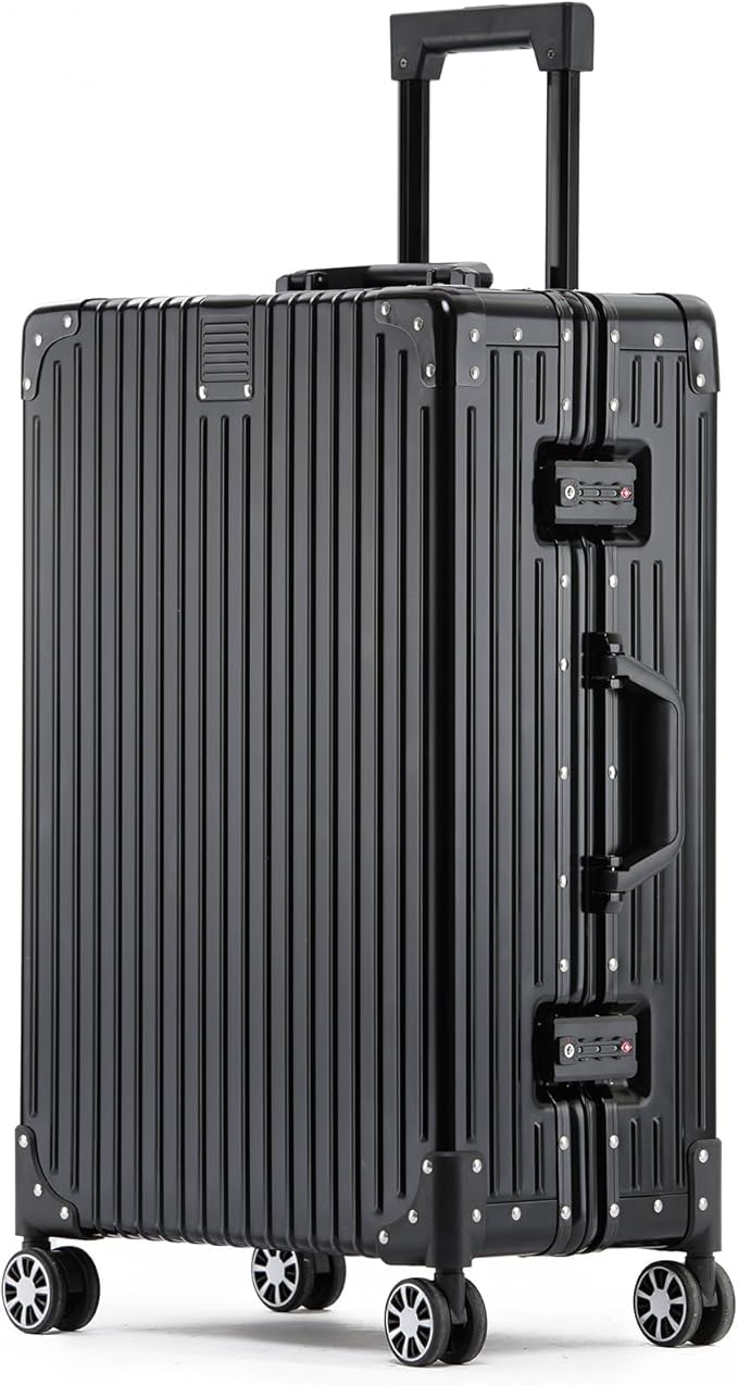 Metal All Aluminum Carry-on Luggage TSA Customs Lock Zipperless Silent Rotary Wheel Business Suitcase Aluminum Frame Set (black, 28 '')