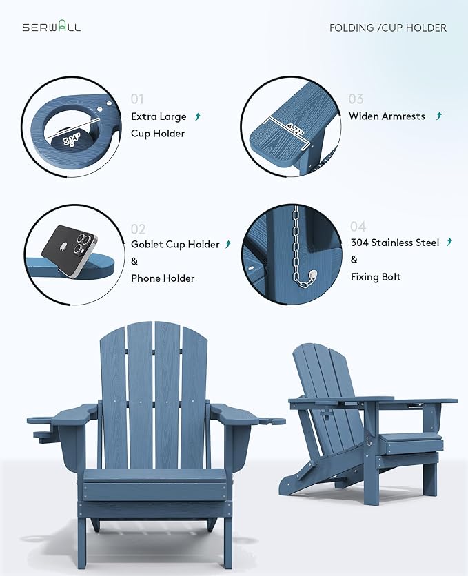 SERWALL Folding Adirondack Chair, HDPE Adirondack Chairs, Plastic Outdoor Chairs- Looks Exactly Like Real Wood- Navy