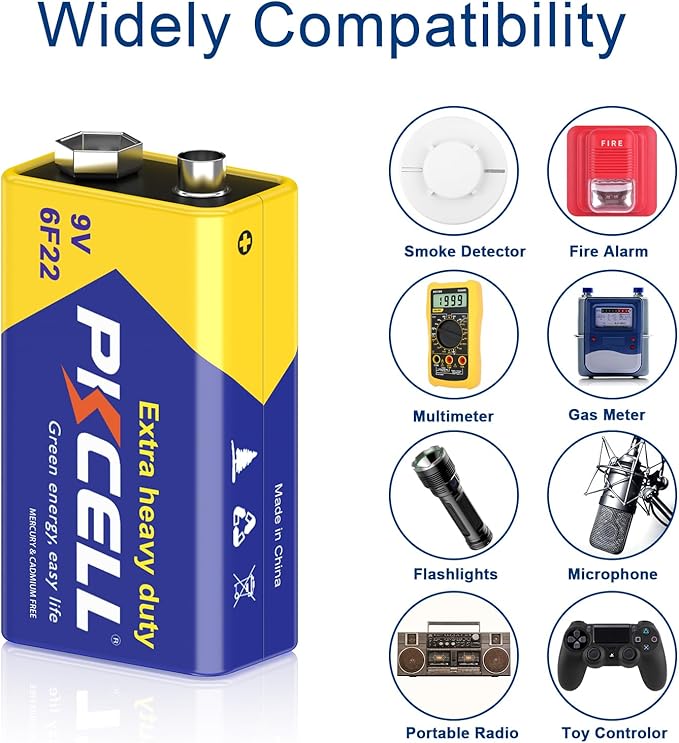 PKCELL 9V Battery Carbon Zinc for Smoke Detectors 6F22 Battery, 10-Year Shelf Life，Ultra Long-Lasting(16PCS)