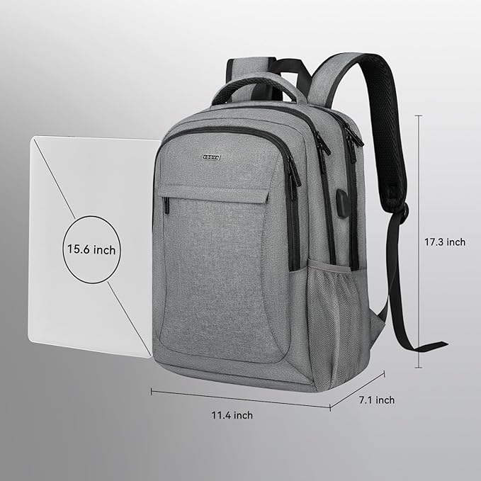 Voova Travel Laptop Backpack, Business Work Laptop Backpack for Women & Men with USB Charging Port, Waterproof Slim Durable College Computer Bag Fits 15.6 Inch Laptops and Notebook, Grey