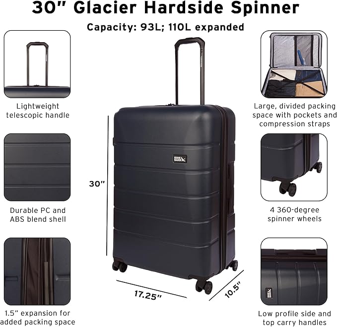 Eddie Bauer Glacier Carry-On 22" and Checked 30" Luggage | Hardside | Spinner Wheels | Expandable | Lightweight | Travel Essentials - Carbon Grey