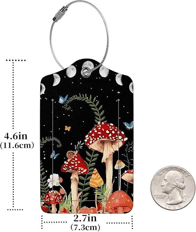 2 Pcs Luggage Tags for Suitcases,PU Leather Cruise Ship Luggage Tags with Privacy Cover Label Address Card and Durable Metal Ring Suitable for Men Women,Handbags Backpacks,Mushrooms Under The Stars