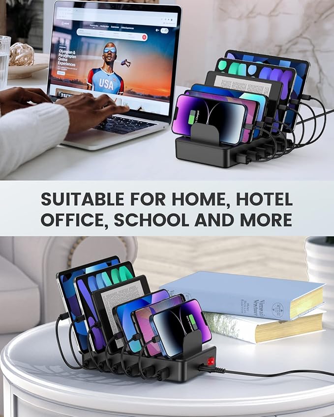 CREATIVE DESIGN 50W 6 Ports Multi Charger Station with 6 Charging Cables, USB Charging Dock for Multiple Devices, Compatible with Cellphone iPad Kindle Tablet and Other Electronic Devices