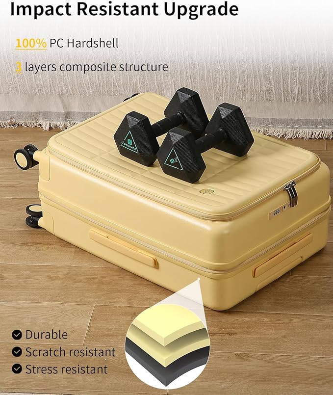 aji Expandable Top Open 24 Inch Checked Luggage with Spinner Wheels, Large Suitcase with TSA Lock, Hardside Travel Luggage Suitcases for Men Women, for 14+Days Travel, Cheese Yellow