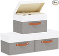 Fabric Storage Bins with Lids, 3 Pack Linen Foldable Cloth Baskets, 15 x 9.8 x 9.8 Inch Closet Organizer Containers with Double Handles, Sweater Boxes for Bedroom, White and Grey