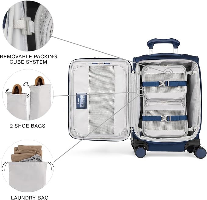Travelpro VersaPack+ Lightweight Softside Expandable Carry on Luggage, 8 Spinner Suitcase, TSA Lock, Men and Women, Carry On 21-Inch, Estate Blue