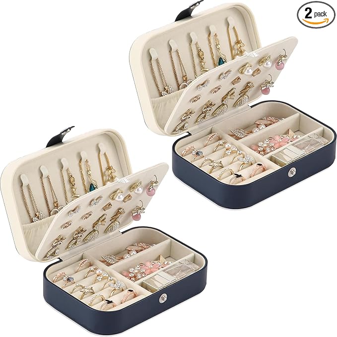 Travel Jewelry Box, PU leather Small Jewelry Organizer For Female Girls, double layer portable mini travel case for storing earrings, rings, necklaces.(dark blue 2pcs)
